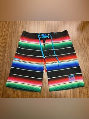 DIXXON Black Multicolor Stripe Swim Shorts with Bright Blue Drawstring